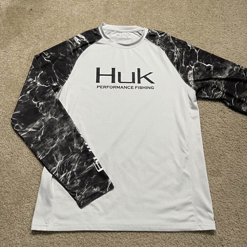 Huk Performance Fishing Camo Long Sleeve Black Grey #144273 T-Shirt Sz S EUC